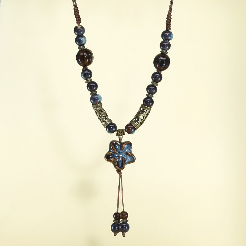 Chinese style retro ethnic style ceramic necklace accessories women's hand-woven sweater chain light luxury high-end jewelry