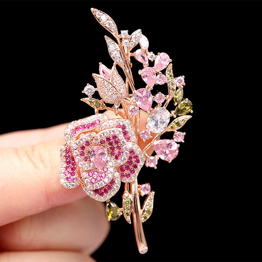 Chinese style micro-inlaid colored zircon corsage temperament flower zircon pin evening dress accessories rose brooch female pectoral