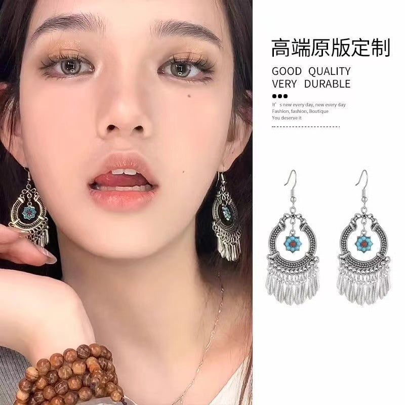 Chinese style beauty long Miao silver ethnic earrings high-end national style tassel non-pierced ear clips