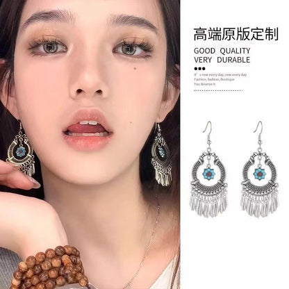 Chinese style beauty long Miao silver ethnic earrings high-end national style tassel non-pierced ear clips