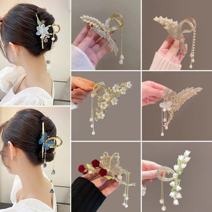 Chinese style retro plant flowers wheat ear metal clip pearl tassel lily of the valley hair decoration hairpin headdress headgear