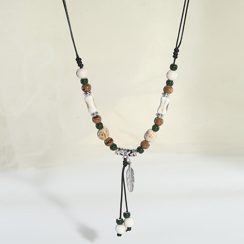 Chinese style retro ethnic style ceramic necklace accessories women's hand-woven sweater chain light luxury high-end jewelry