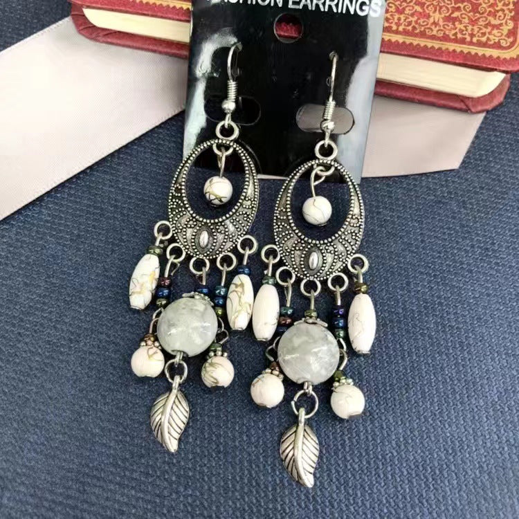 Chinese style beauty long Miao silver ethnic earrings high-end national style tassel non-pierced ear clips