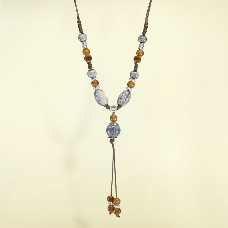 Chinese style retro ethnic style ceramic necklace accessories women's hand-woven sweater chain light luxury high-end jewelry