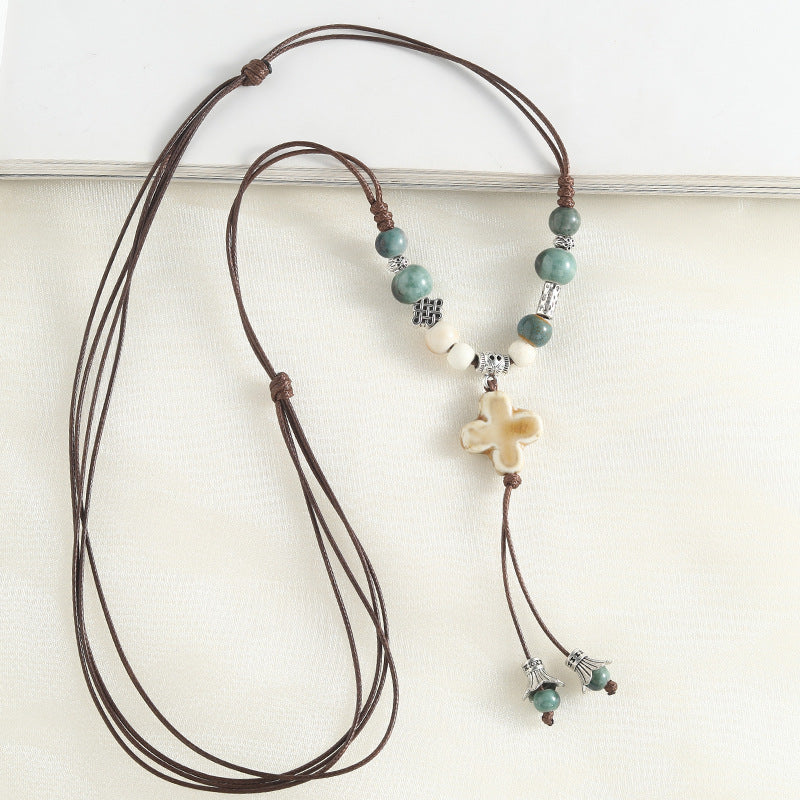 Chinese style retro ethnic style ceramic necklace accessories women's hand-woven sweater chain light luxury high-end jewelry