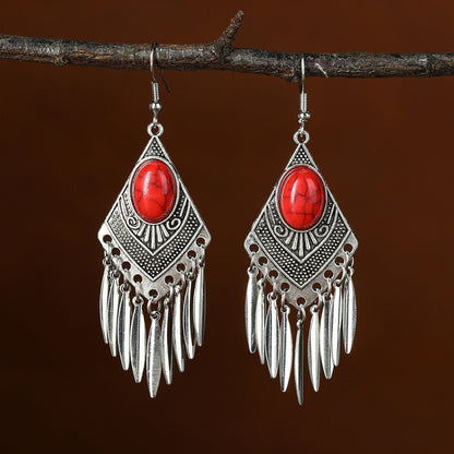 Chinese style beauty long Miao silver ethnic earrings high-end national style tassel non-pierced ear clips