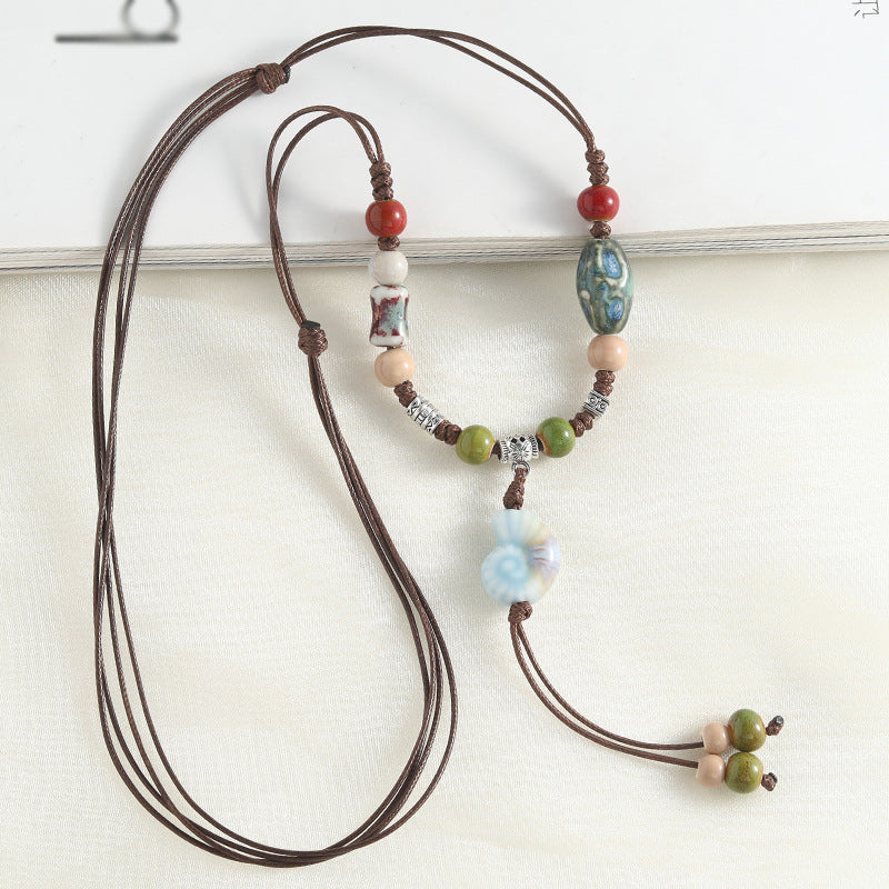 Chinese style retro ethnic style ceramic necklace accessories women's hand-woven sweater chain light luxury high-end jewelry