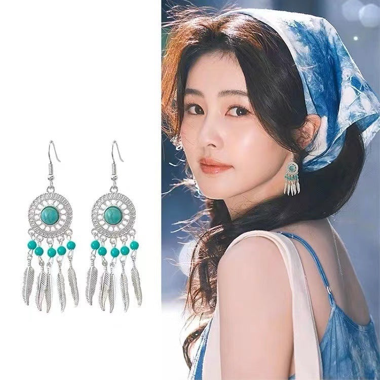 Chinese style beauty long Miao silver ethnic earrings high-end national style tassel non-pierced ear clips