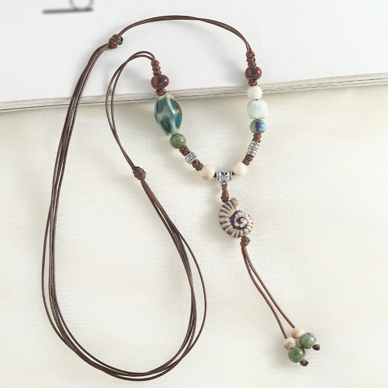 Chinese style retro ethnic style ceramic necklace accessories women's hand-woven sweater chain light luxury high-end jewelry