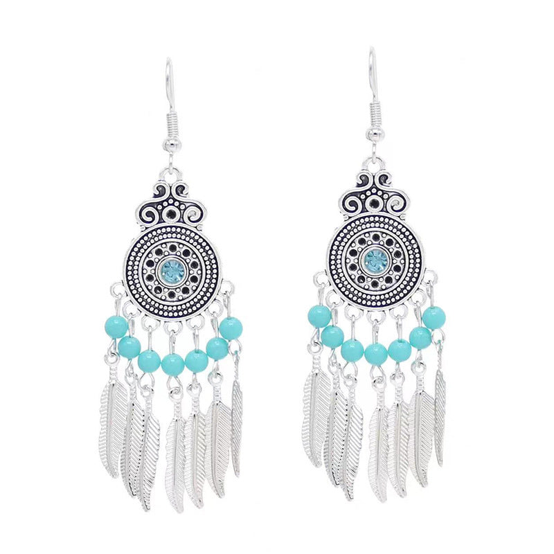 Chinese style beauty long Miao silver ethnic earrings high-end national style tassel non-pierced ear clips