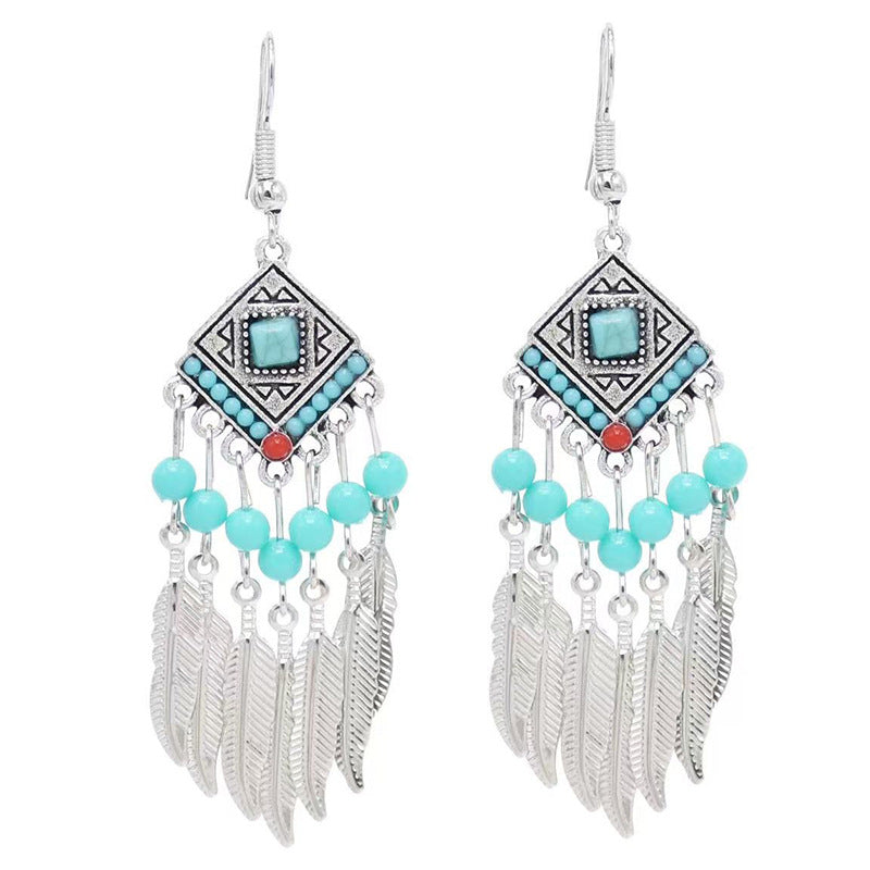 Chinese style beauty long Miao silver ethnic earrings high-end national style tassel non-pierced ear clips
