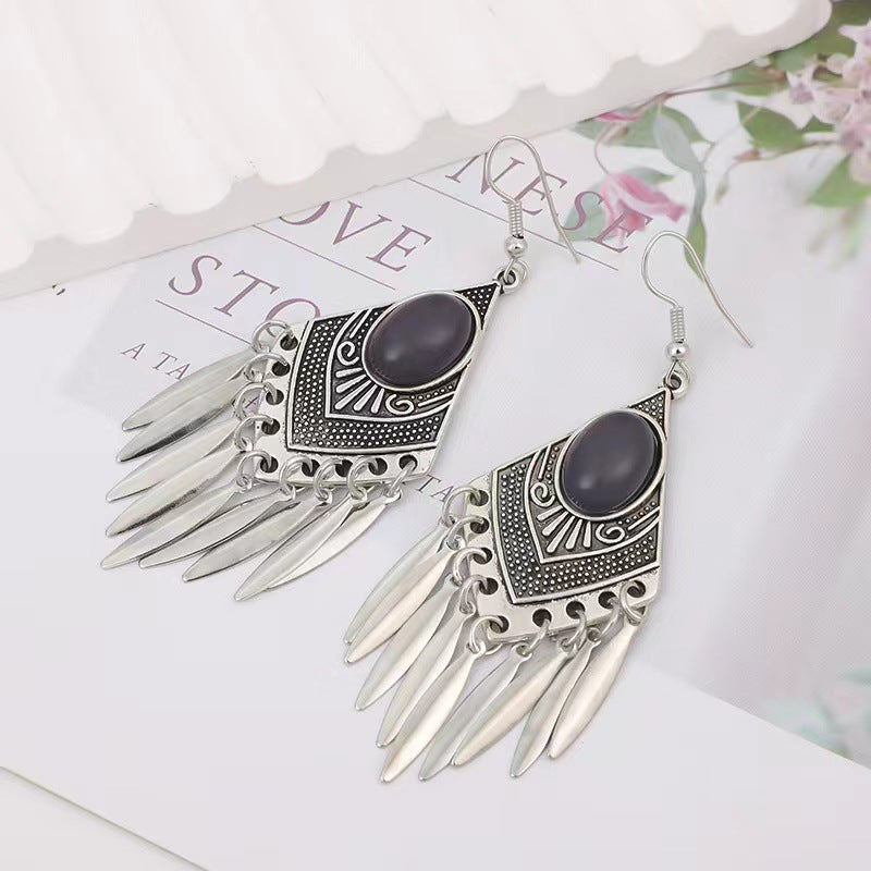 Chinese style beauty long Miao silver ethnic earrings high-end national style tassel non-pierced ear clips