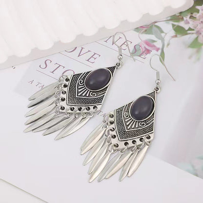 Chinese style beauty long Miao silver ethnic earrings high-end national style tassel non-pierced ear clips