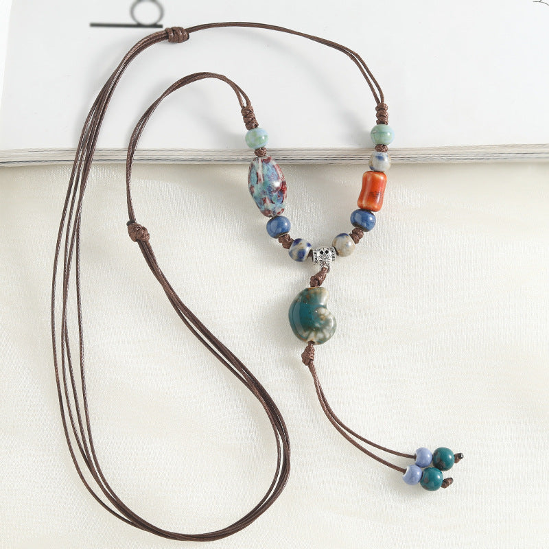 Chinese style retro ethnic style ceramic necklace accessories women's hand-woven sweater chain light luxury high-end jewelry