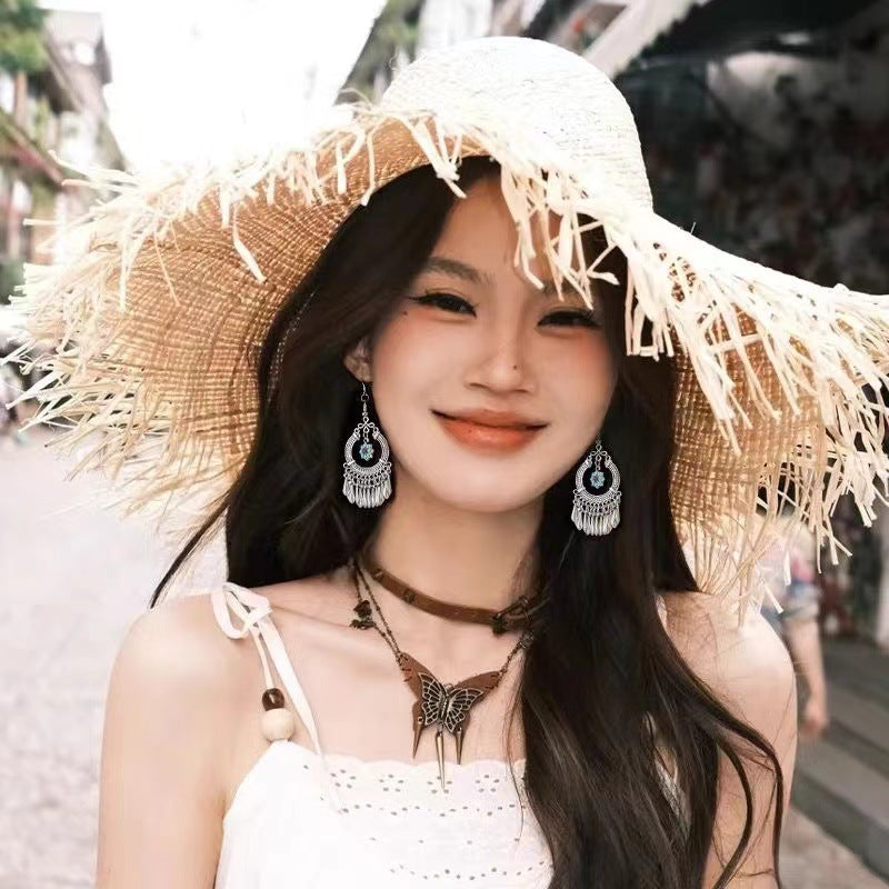 Chinese style beauty long Miao silver ethnic earrings high-end national style tassel non-pierced ear clips