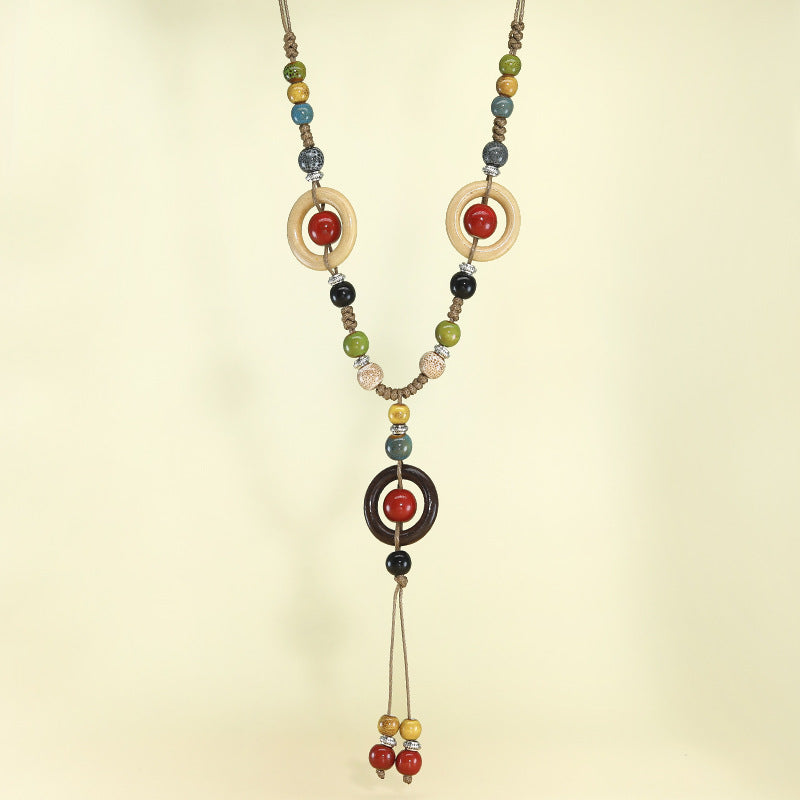 Chinese style retro ethnic style ceramic necklace accessories women's hand-woven sweater chain light luxury high-end jewelry