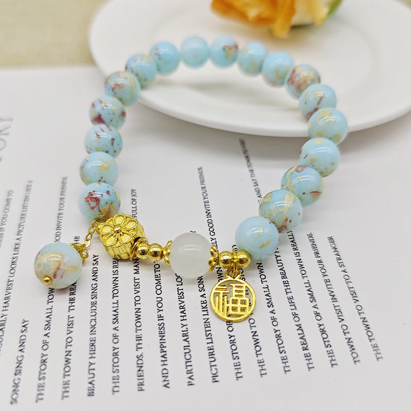 Chinese style high-grade white crystal aquamarine bracelet handmade beads niche popular simple hand jewelry ethnic style