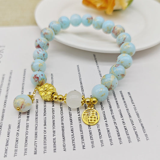 Chinese style high-grade white crystal aquamarine bracelet handmade beads niche popular simple hand jewelry ethnic style