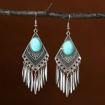 Chinese style beauty long Miao silver ethnic earrings high-end national style tassel non-pierced ear clips