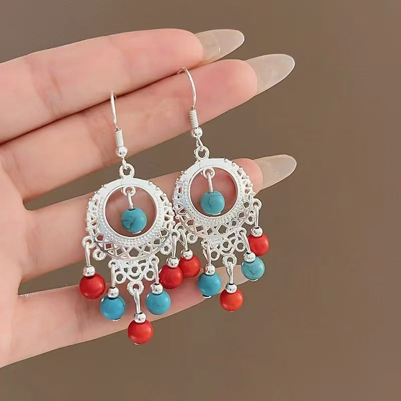Chinese style beauty long Miao silver ethnic earrings high-end national style tassel non-pierced ear clips