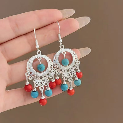 Chinese style beauty long Miao silver ethnic earrings high-end national style tassel non-pierced ear clips