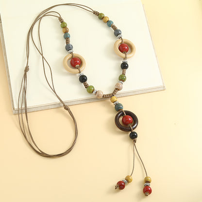 Chinese style retro ethnic style ceramic necklace accessories women's hand-woven sweater chain light luxury high-end jewelry