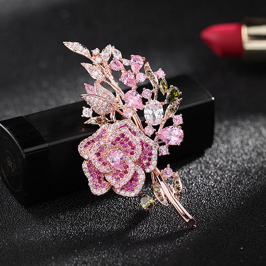 Chinese style micro-inlaid colored zircon corsage temperament flower zircon pin evening dress accessories rose brooch female pectoral