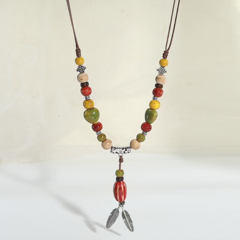 Chinese style retro ethnic style ceramic necklace accessories women's hand-woven sweater chain light luxury high-end jewelry