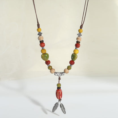 Chinese style retro ethnic style ceramic necklace accessories women's hand-woven sweater chain light luxury high-end jewelry