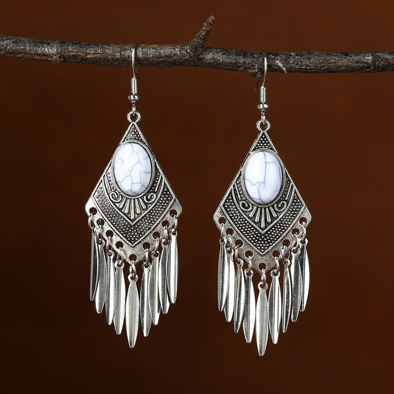 Chinese style beauty long Miao silver ethnic earrings high-end national style tassel non-pierced ear clips