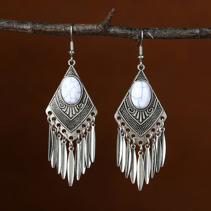 Chinese style beauty long Miao silver ethnic earrings high-end national style tassel non-pierced ear clips