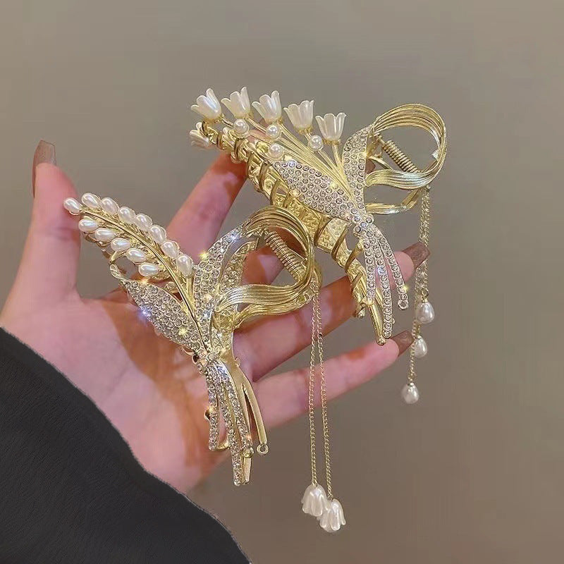 Chinese style retro plant flowers wheat ear metal clip pearl tassel lily of the valley hair decoration hairpin headdress headgear