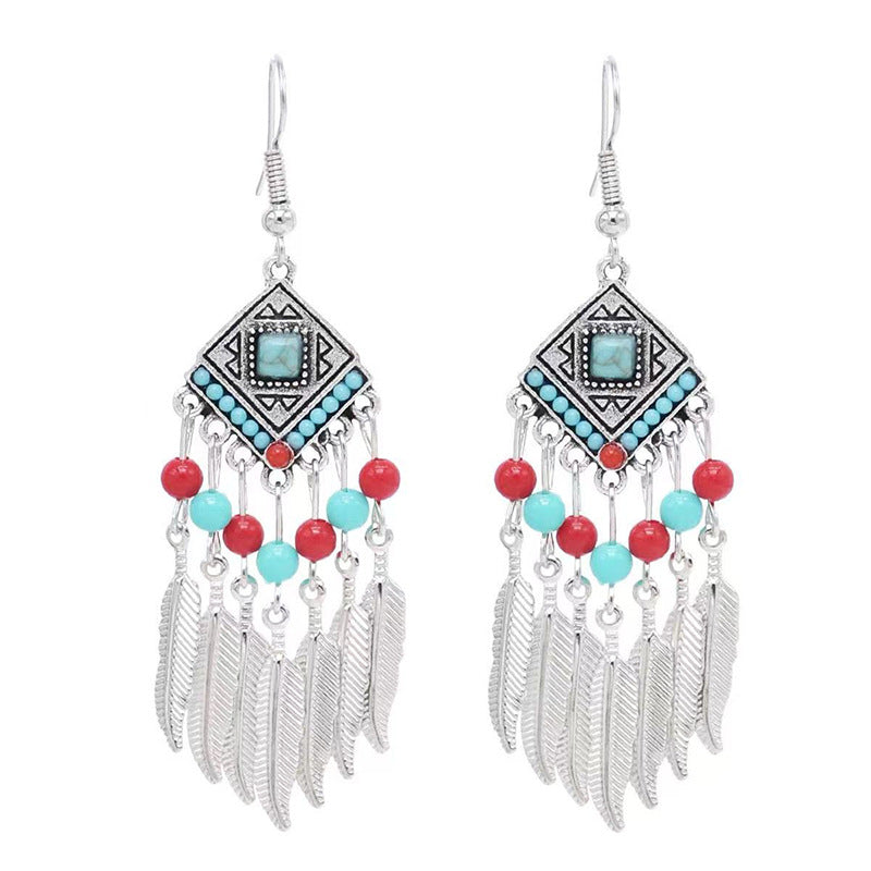 Chinese style beauty long Miao silver ethnic earrings high-end national style tassel non-pierced ear clips