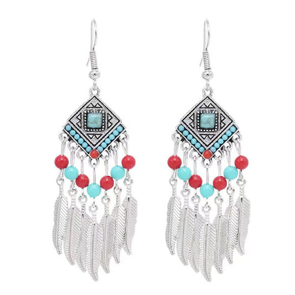 Chinese style beauty long Miao silver ethnic earrings high-end national style tassel non-pierced ear clips