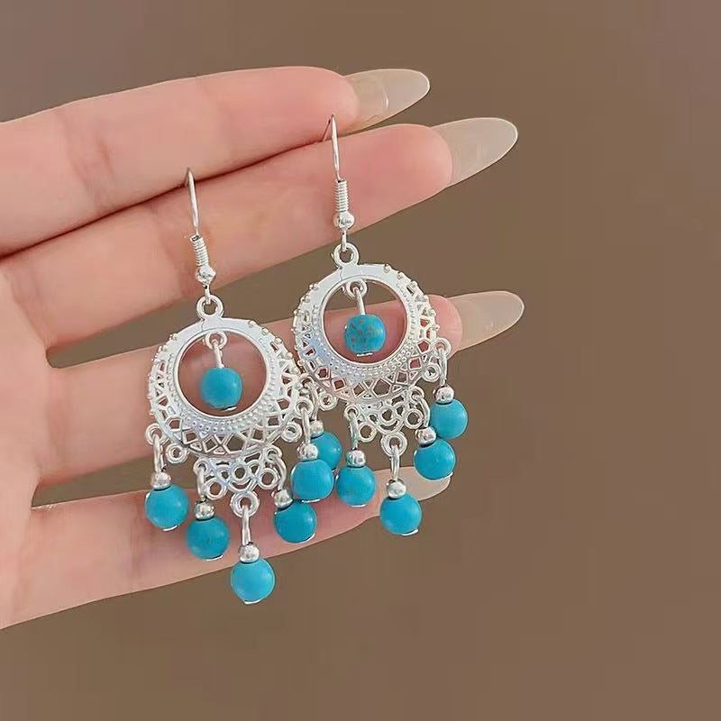 Chinese style beauty long Miao silver ethnic earrings high-end national style tassel non-pierced ear clips