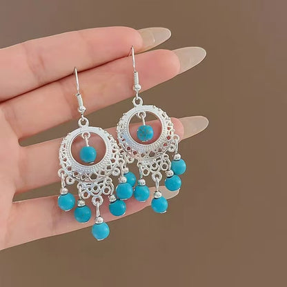 Chinese style beauty long Miao silver ethnic earrings high-end national style tassel non-pierced ear clips