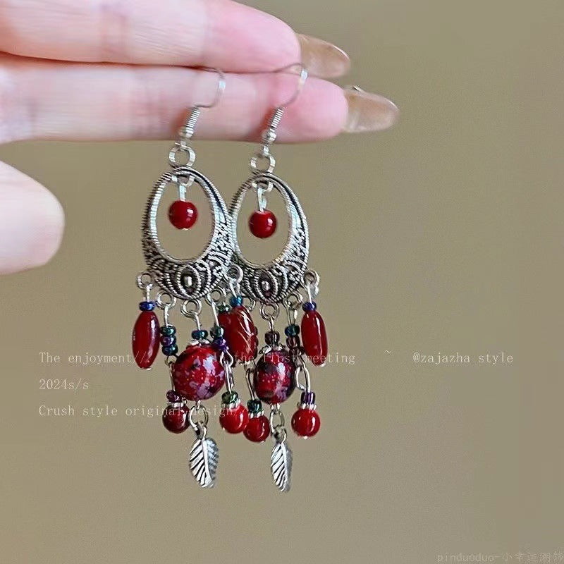 Chinese style beauty long Miao silver ethnic earrings high-end national style tassel non-pierced ear clips