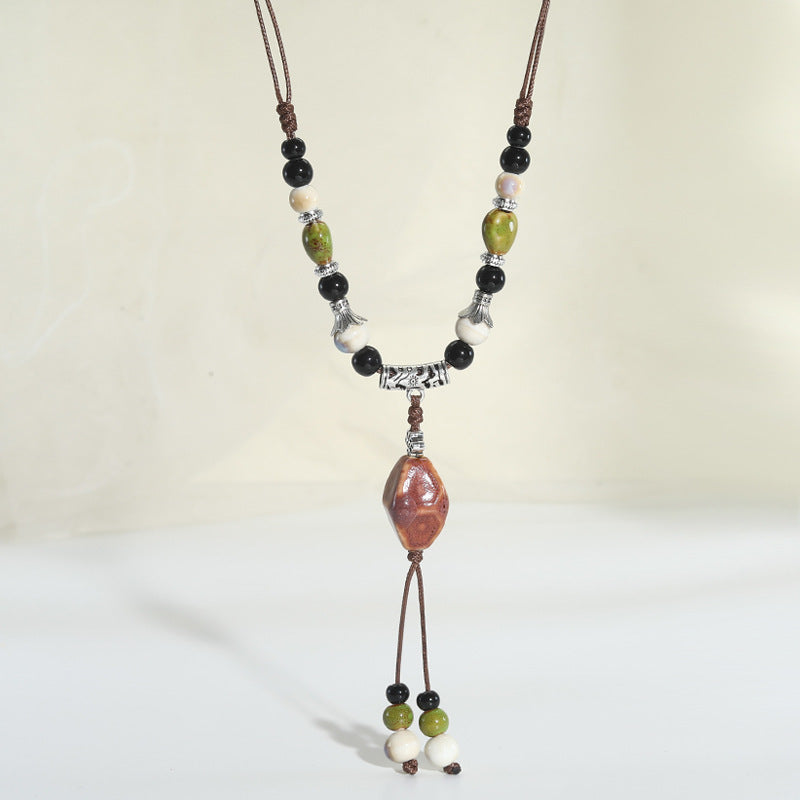 Chinese style retro ethnic style ceramic necklace accessories women's hand-woven sweater chain light luxury high-end jewelry