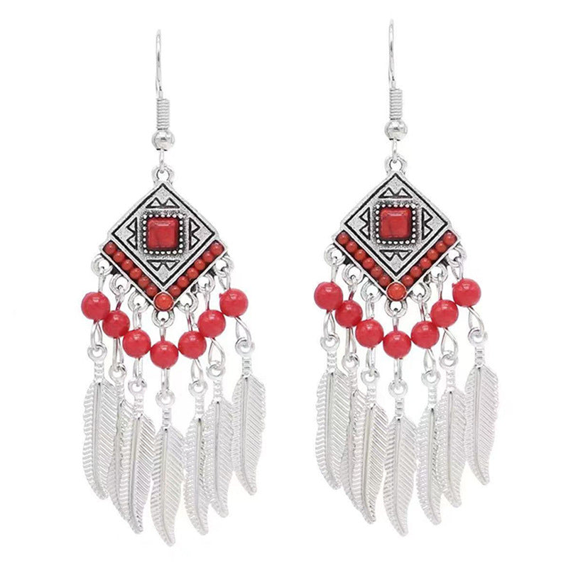Chinese style beauty long Miao silver ethnic earrings high-end national style tassel non-pierced ear clips