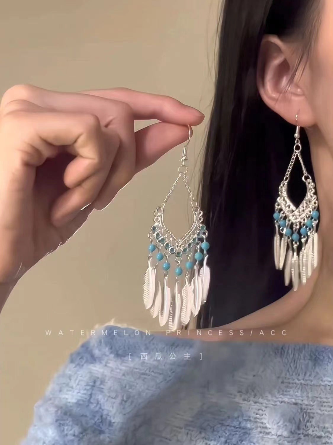Chinese style beauty long Miao silver ethnic earrings high-end national style tassel non-pierced ear clips