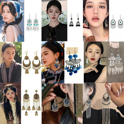 Chinese style beauty long Miao silver ethnic earrings high-end national style tassel non-pierced ear clips