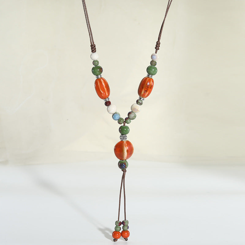 Chinese style retro ethnic style ceramic necklace accessories women's hand-woven sweater chain light luxury high-end jewelry