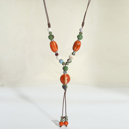 Chinese style retro ethnic style ceramic necklace accessories women's hand-woven sweater chain light luxury high-end jewelry