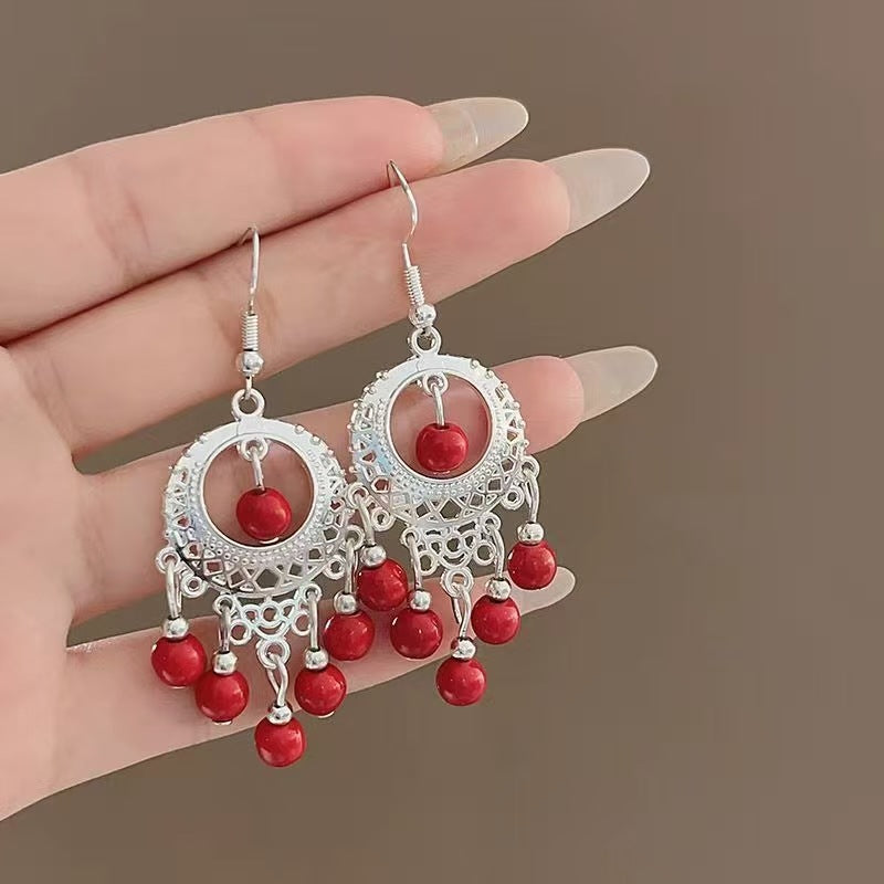 Chinese style beauty long Miao silver ethnic earrings high-end national style tassel non-pierced ear clips
