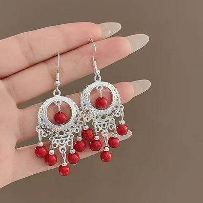 Chinese style beauty long Miao silver ethnic earrings high-end national style tassel non-pierced ear clips